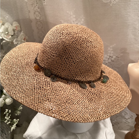 Natural Straw Women’s Summer Floppy Hat/ Distressed Coin /Beaded Charm Band - Picture 2 of 11